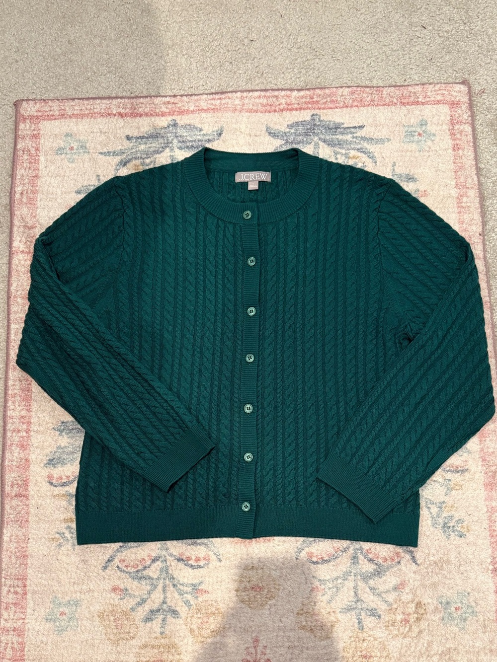 J. Crew green cable knit 100% merino wool cardigan sweater